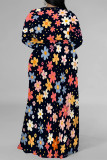 Orange Elegant Flowers Print Lace Up Slit Contrast V Neck Printed Plus Size Dresses