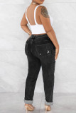 Black Street Solid Color Ripped Buttons Patchwork Zipper High Waist Regular Denim Jeans
