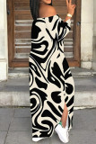 Beige Sexy Street Colorblock Print Slit Contrast Off Shoulder Printed Dresses
