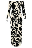 Beige Sexy Street Colorblock Print Slit Contrast Off Shoulder Printed Dresses