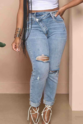 Baby Blue Street Solid Color Ripped Buttons Patchwork Zipper High Waist Regular Denim Jeans