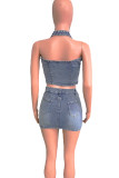 Blue Street Pocket Buttons Patchwork Cross Straps Zipper U Neck Sleeveless Two Pieces