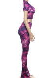 Rose Red Casual Print Patchwork O Neck Short Sleeve Two Pieces