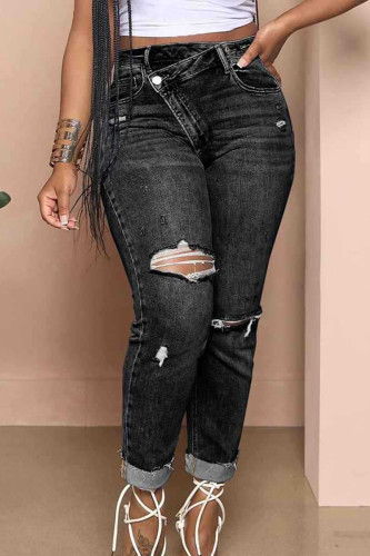 Black Street Solid Color Ripped Buttons Patchwork Zipper High Waist Regular Denim Jeans