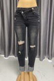 Black Street Solid Color Ripped Buttons Patchwork Zipper High Waist Regular Denim Jeans
