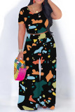 Yellow Brown Casual Leopard Print Polka Dot Contrast O Neck Short Sleeve Two Pieces
