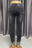 Black Street Solid Color Ripped Buttons Patchwork Zipper High Waist Regular Denim Jeans