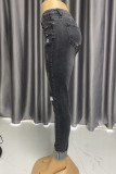 Black Street Solid Color Ripped Buttons Patchwork Zipper High Waist Regular Denim Jeans