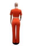 Orange Casual Solid Color Patchwork V Neck Short Sleeve Two Pieces
