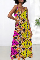 Yellow Sexy Print Patchwork Backless Spaghetti Strap Sling Dresses