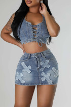 Blue Street Pocket Buttons Patchwork Cross Straps Zipper U Neck Sleeveless Two Pieces