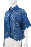 Blue Sexy Solid Color Lace Hollow Out Buckle Patchwork Turndown Collar Tops