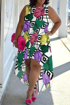 White Black Casual Street Floral Print Irregular Contrast O Neck Irregular Plus Size Dresses