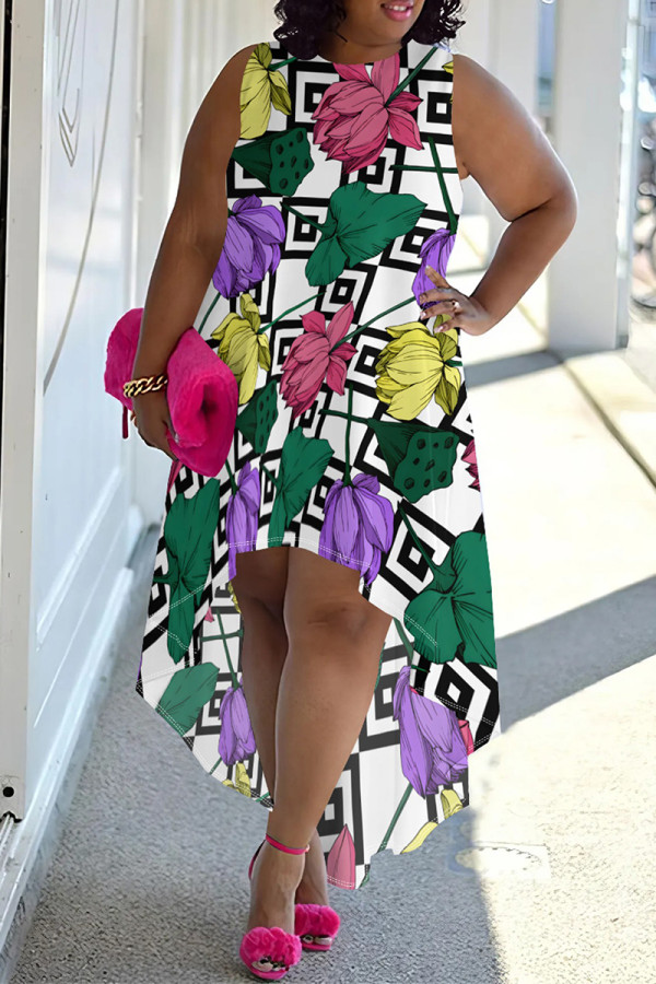 White Black Casual Street Floral Print Irregular Contrast O Neck Irregular Plus Size Dresses