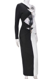 Black Sexy Hollow Out Patchwork Contrast Oblique Collar Long Dresses