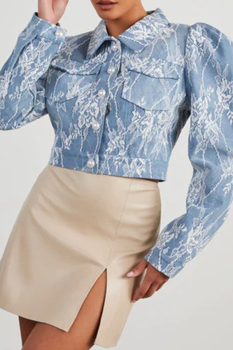 Light Blue Street Lace Pocket Buckle Patchwork Turndown Collar Long Sleeve Straight Denim Jacket