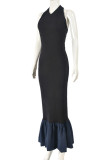 Black Sexy Solid Color Patchwork Backless Halter Long Dresses