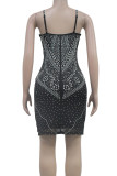 Black Sexy Hollow Out Patchwork Backless Hot Drill Spaghetti Strap Sling Dresses