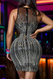 Black Sexy Patchwork See-Through Hot Drill Zipper O Neck Wrapped Skirt Dresses