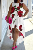 White Black Casual Street Floral Print Irregular Contrast O Neck Irregular Plus Size Dresses