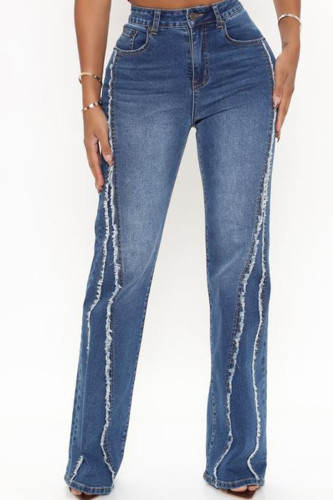 The cowboy blue Street Solid Color Buttons Patchwork Zipper High Waist Regular Denim Jeans