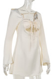 Apricot Sexy Solid Color Patchwork Backless Ruched Strap Design Zipper Square Neck A Line Dresses