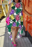 White Black Casual Street Floral Print Irregular Contrast O Neck Irregular Plus Size Dresses