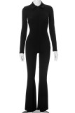 Black Casual Letters Patchwork Zipper Zipper Collar Skinny Jumpsuits