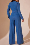 Deep Blue Street Solid Color Buttons Patchwork Deep V Neck Long Sleeve High Waist Loose Denim Jumpsuits