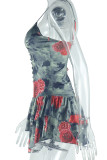 Colour Sexy Print Patchwork Backless Cross Straps Spaghetti Strap Sling Dresses