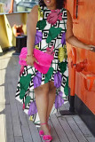 White Black Casual Street Floral Print Irregular Contrast O Neck Irregular Plus Size Dresses