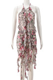 Multicolor Elegant Print Fringed Trim Patchwork Backless Cross Straps Halter Sleeveless Two Pieces