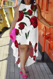 White Black Casual Street Floral Print Irregular Contrast O Neck Irregular Plus Size Dresses