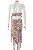 Multicolor Elegant Print Fringed Trim Patchwork Backless Cross Straps Halter Sleeveless Two Pieces