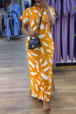 Yellow Elegant Print Buttons Patchwork Slit Mandarin Collar Long Dresses