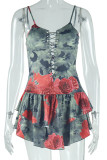 Colour Sexy Print Patchwork Backless Cross Straps Spaghetti Strap Sling Dresses