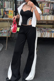 Black And White Casual Patchwork Contrast Loose Mid Waist Wide Leg Patchwork Bottoms