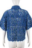 Blue Sexy Solid Color Lace Hollow Out Buckle Patchwork Turndown Collar Tops