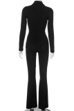 Black Casual Letters Patchwork Zipper Zipper Collar Skinny Jumpsuits