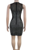 Black Sexy Patchwork See-Through Hot Drill Zipper O Neck Wrapped Skirt Dresses