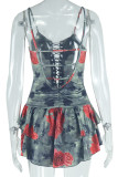 Colour Sexy Print Patchwork Backless Cross Straps Spaghetti Strap Sling Dresses