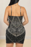 Black Sexy Hollow Out Patchwork Backless Hot Drill Spaghetti Strap Sling Dresses