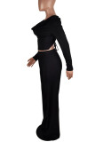 Black Casual Solid Color Patchwork Backless Cross Straps Ruched V Neck Long Sleeve Two Pieces