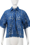 Blue Sexy Solid Color Lace Hollow Out Buckle Patchwork Turndown Collar Tops