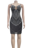Black Sexy Hollow Out Patchwork Backless Hot Drill Spaghetti Strap Sling Dresses