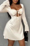Apricot Sexy Solid Color Patchwork Backless Ruched Strap Design Zipper Square Neck A Line Dresses