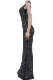 Black Sexy Patchwork Backless Slit Hot Drill Zipper Mandarin Collar Long Dresses