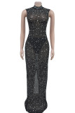 Black Sexy Patchwork Backless Slit Hot Drill Zipper Mandarin Collar Long Dresses