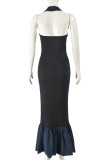 Black Sexy Solid Color Patchwork Backless Halter Long Dresses