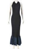 Black Sexy Solid Color Patchwork Backless Halter Long Dresses